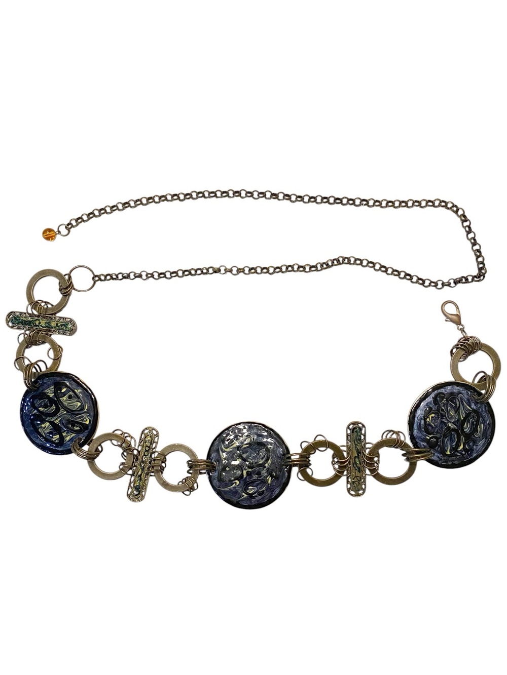 Vintage Enamel Disk Chain Belt Bronze Tone